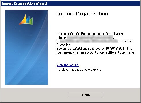 Error 0x80131904 in the Import Organization Wizard