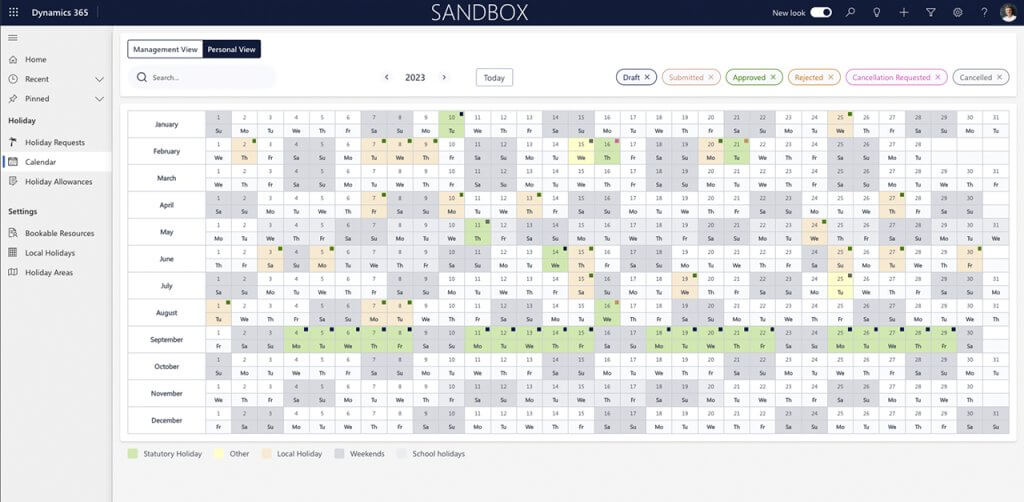 Holiday Management Requests Calendar personal view