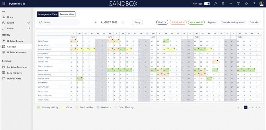 Holiday Management Requests Calendar management view